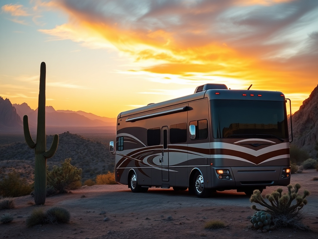 Class A motorhome at golden hour in the Arizona desert