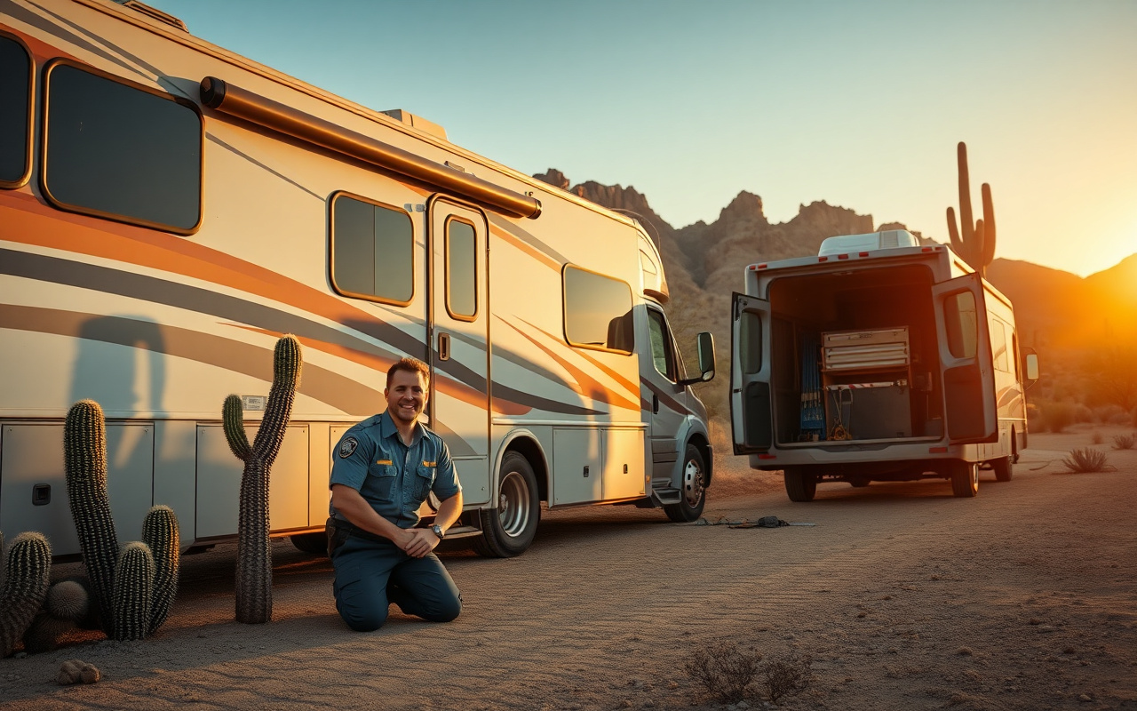Mobile RV repair technician servicing a motorhome at a Phoenix desert campground
